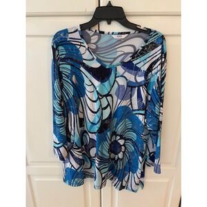 ALIA Women Blue White Abstract Print Long Sleeve Tunic Top Size 2X‎